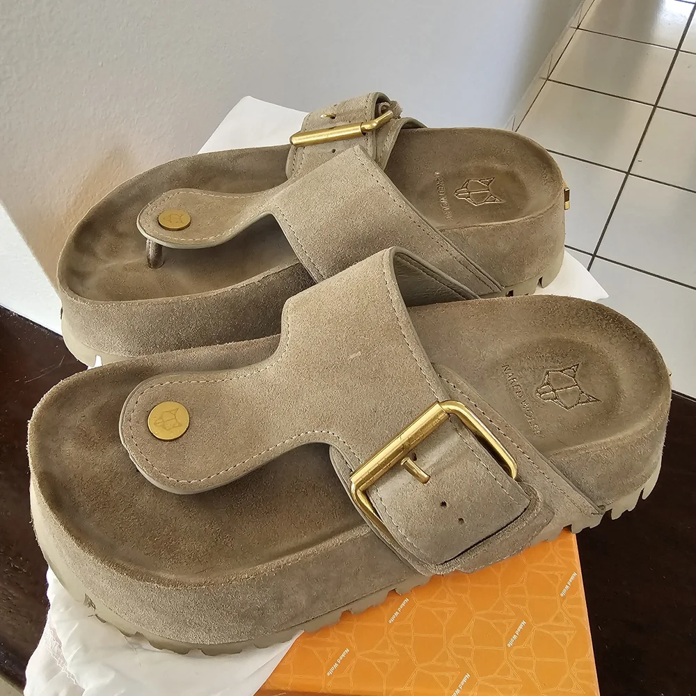 Naked Wolfe Vixen Taupe Suede Sandals with Gold Buckle - Picture 3 of 6
